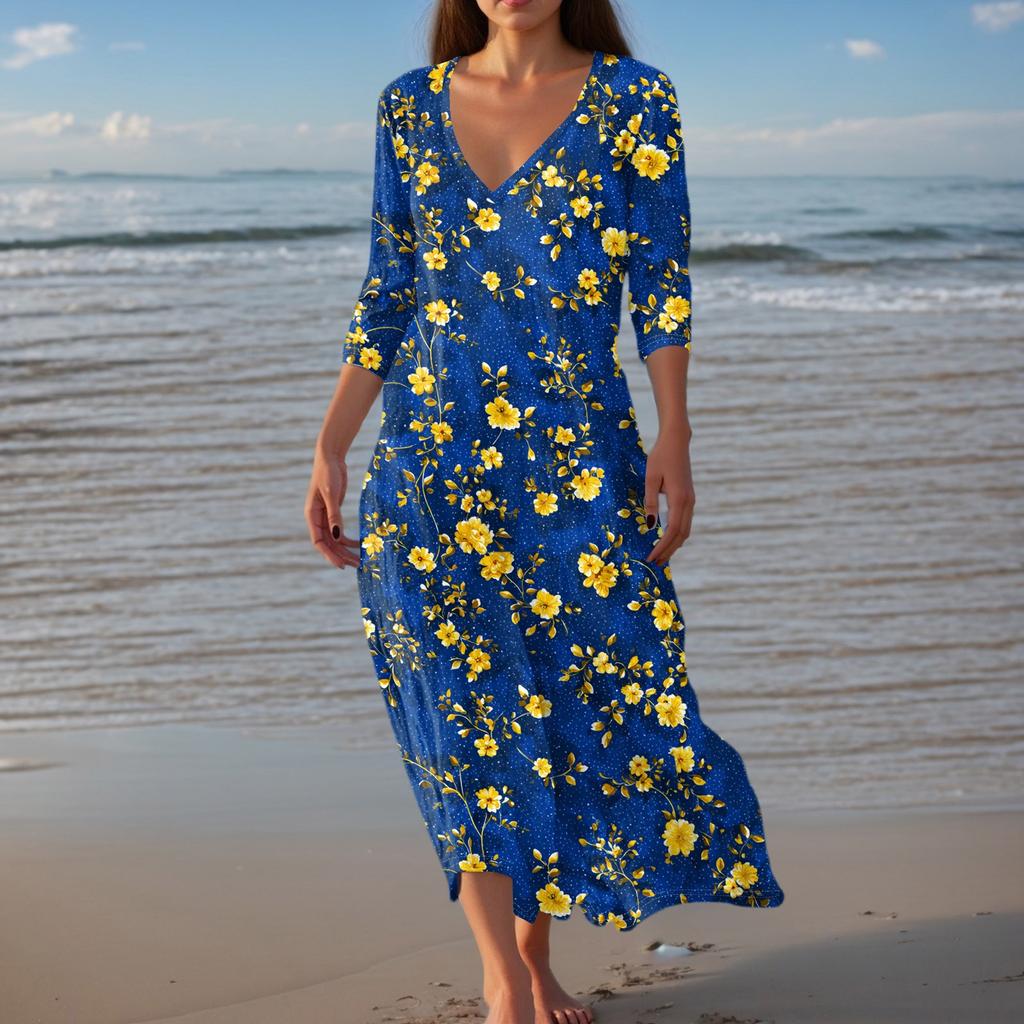 Women's Vintage Print Tunic Waisted Midi Dress Summer Casual 3/4 Sleeve Dress Dress