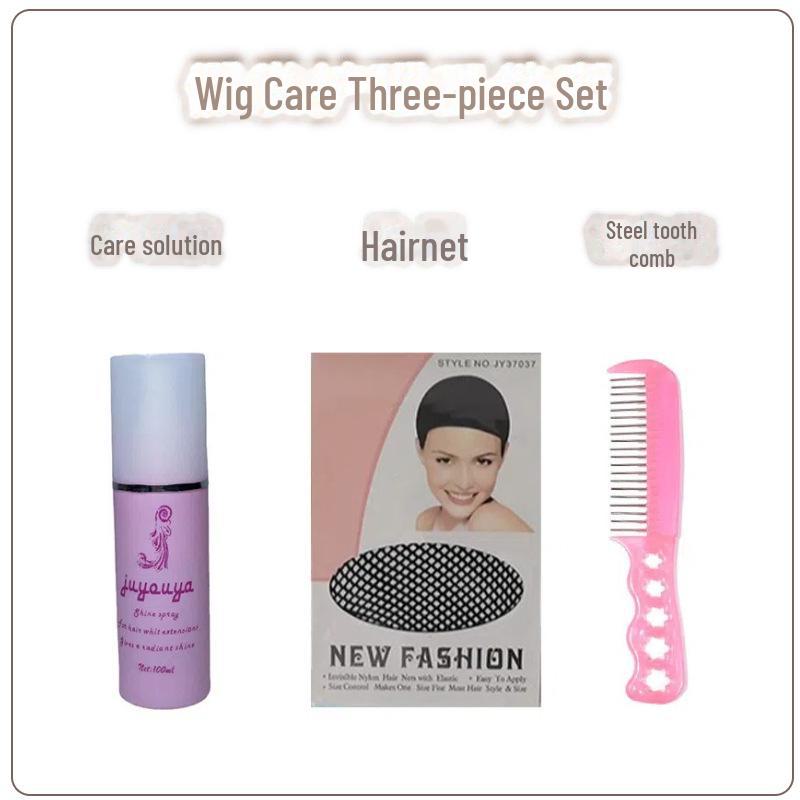 «Набор для ухода за париком»: Гладкая расческа со стальными зубьями и жидкость для разглаживания волос.