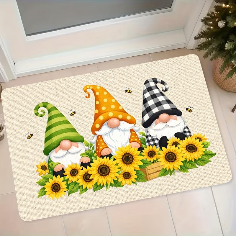 1pc Flannel Mat Cartoon Gnome Sunflower Bee Pattern Entrance Door Mat Home Bedroom Living Room Non-Slip Decorative Floor Mat