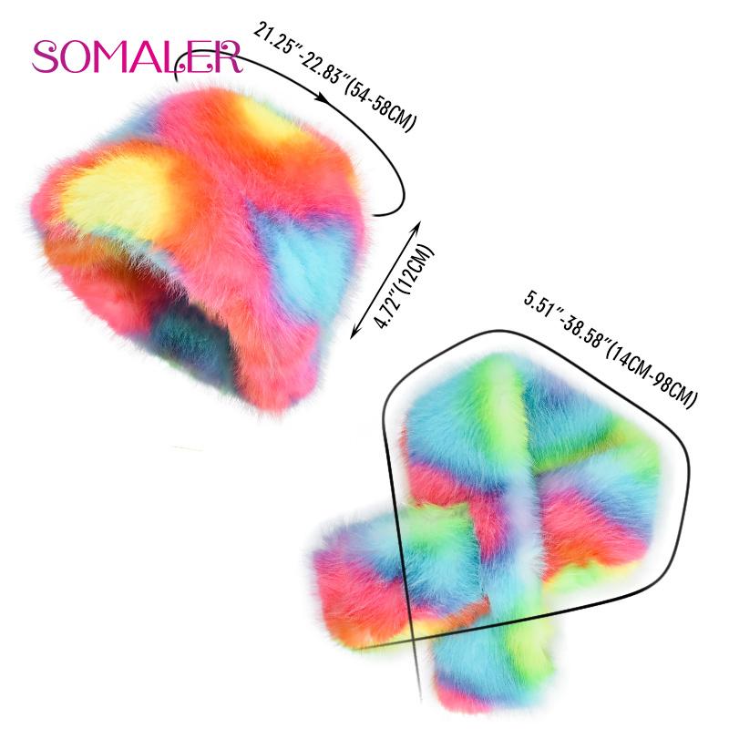 SOMALER Красочная шапка из искусственного меха, шарф, комплект, теплые женские шапки из искусственного меха с шарфами