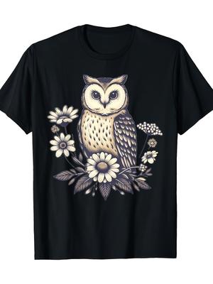 Men'S Casual Cottagecore Owl And Floral Graphic T-Shirt - 100%, Short Sleeve, Round Neck, Black with