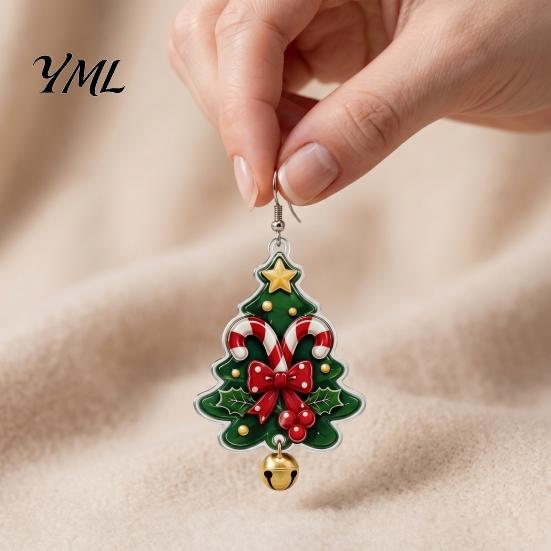 Festive Fashion Jewelry 1 Pair Acrylic Christmas Tree Dangle Earrings, 2D Flat Xmas Winter Outfit Accessories Bow Candy Cane Earrings with Bell,