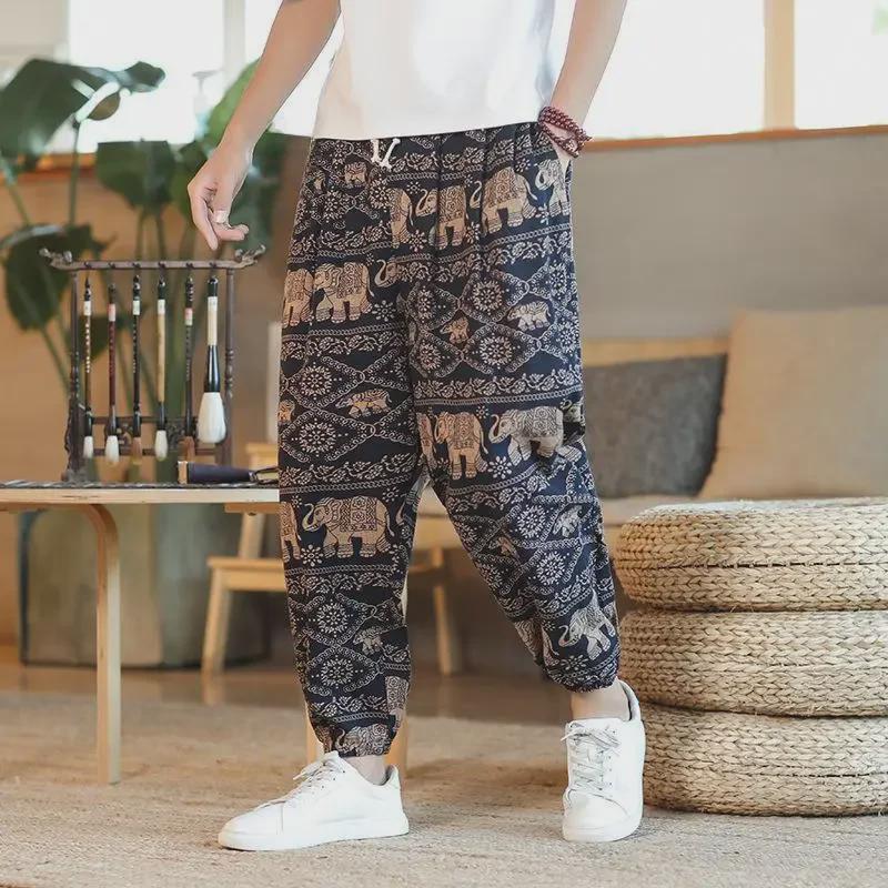 Мужские летние брюки из тайского льна с широкими штанинами и девятью точками Cashew Flower