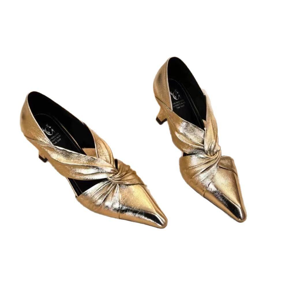 Huge Look~! 5CM Cross with Pointed Tip Hollow Pleated Single Shoes Women's Gold Retro Inner Heel Small Leather Shoes