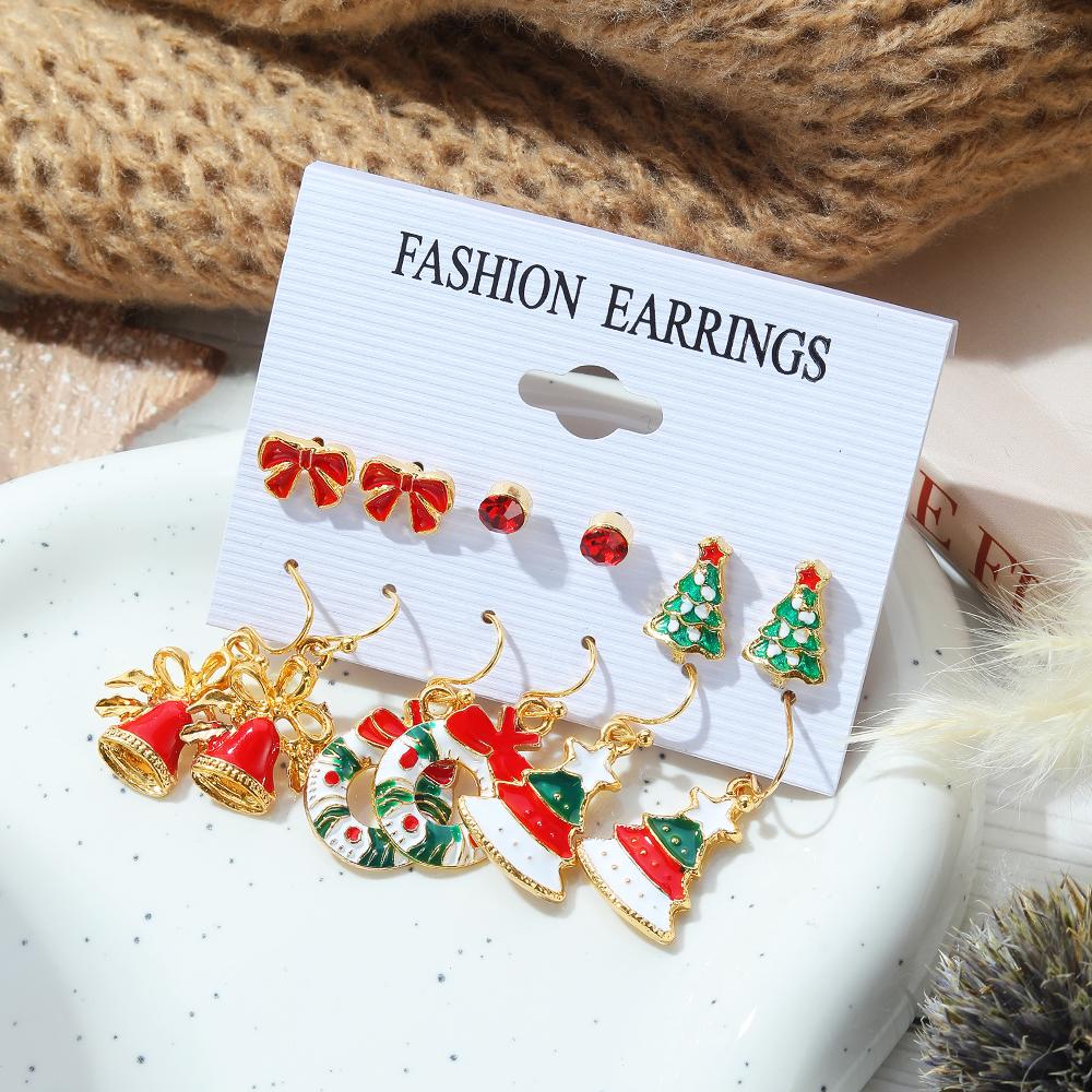 Новинка 2023 года, элегантные серьги со звездами, 6 пар шпилек, серьги с рождественскими колокольчиками, подвески, модные студенческие серьги в виде рождественской елки для девочек, комплект