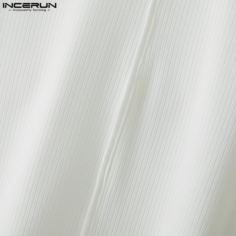 INCERUN Мужские футболки с лацканами, коротким рукавом, повседневные, приталенные, в рубчик