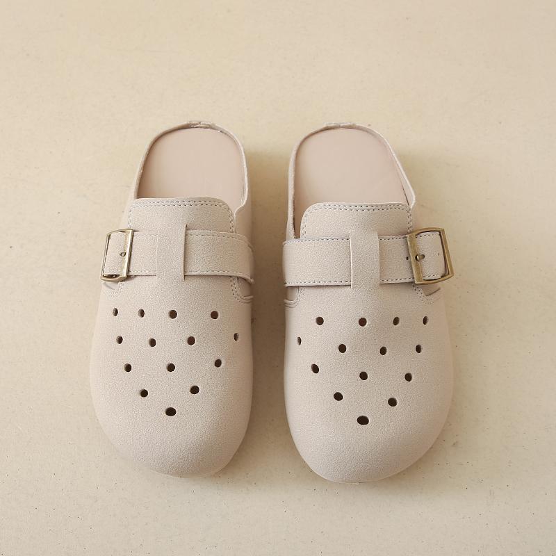 Women's Suede Clog Slippers with Buckle Breathable Boken Fashion Footwear Anti-Slip Soft Sole Outdoor Casual Mules