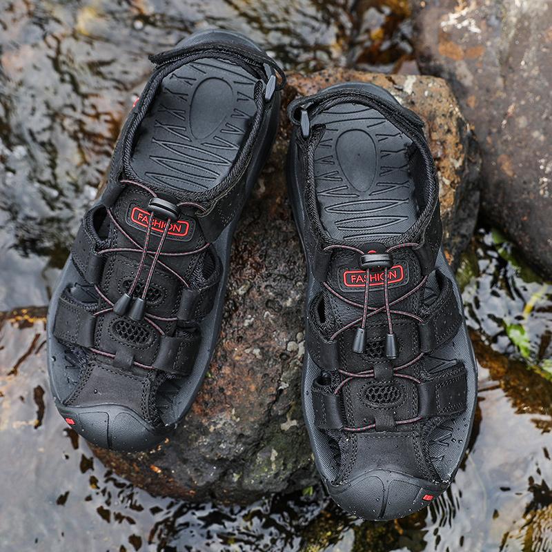 Мужские сандалии, кожаные прогулочные туфли с закрытым носком, широкие уличные спортивные сандалии для пеших прогулок, пляжных прогулок