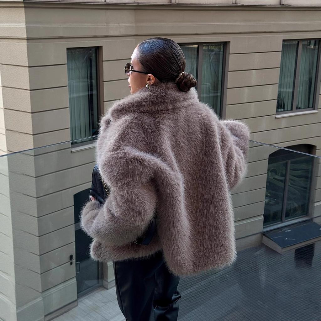 Женские пальто из искусственного меха, однотонные, теплые куртки, длинные рукава, воротник с лацканами, потайная застежка на пуговицы, свободный крой, элегантный повседневный стиль, осень-зима