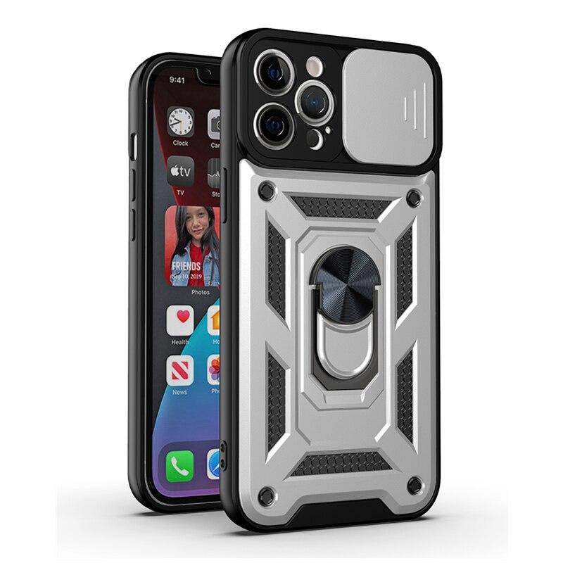 Luxury Sliding Lens Protection Armor Case For iPhone Samsung Huawei Xiaomi Redmi Magnetic Ring Shockproof Cover