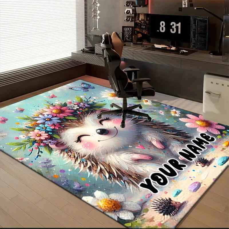 1PC Custom Name Floral Hedgehog Garden Theme Floor Mat Ideal for Living Room, Game Rooms, Office, Bedroom,Floor Mat Playful Design95