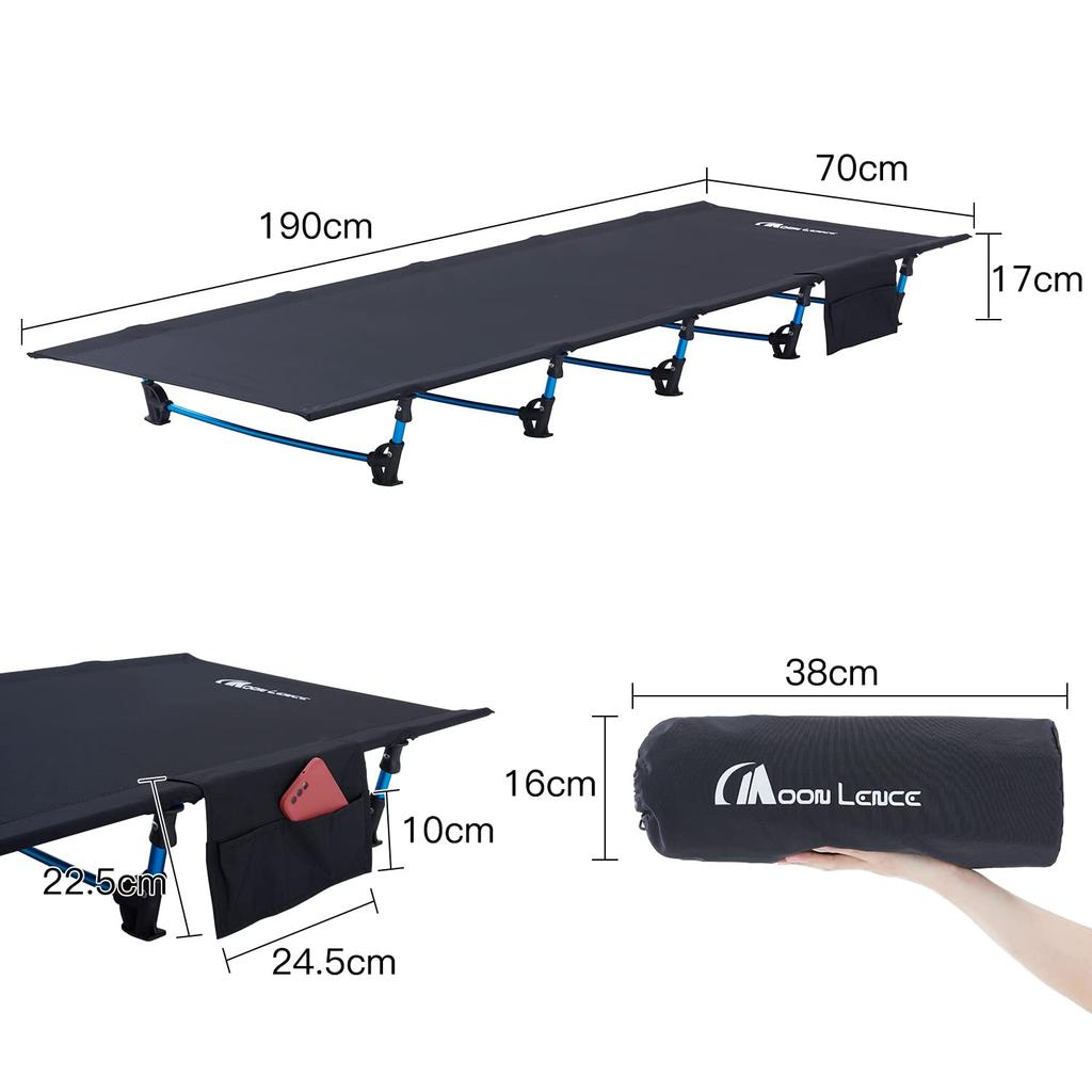 Moon Lence Cot Camping Outdoor Bed Folding Simple Compact Ultra Light Weight Capacity 160kg Pillow Storage Case Carry Bag Included Waterproof