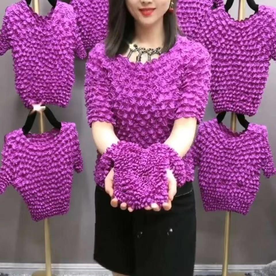 Pleated Pineapple Wrinkled Bubble Shirt, Versatile Magic Suit, Short Sleeve, Solid Color, Transparent, Loose, Three-dimensional, Women's Top