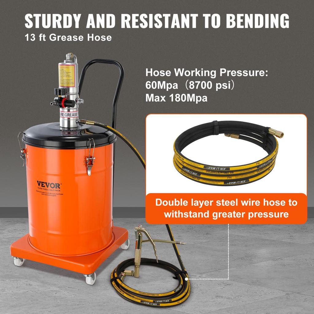 VEVOR Grease Pump, 10.5 Gallon 40L Air Operated Grease Pump with 13 ft High Pressure Hose and Grease Gun, Pneumatic Grease Bucket Pump with Wheels