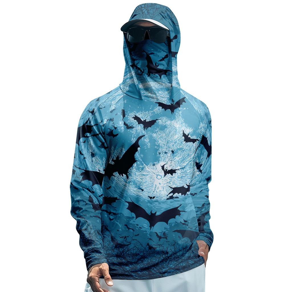 Мужская худи реглан для рыбалки с принтами на Хэллоуин - UPF 50+ УФ защита, длинный рукав, солнцезащитная рубашка с сетчатым козырьком