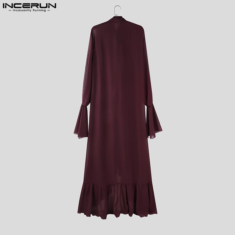 INCERUN Мужские топы с завязками на шее, длинными рукавами, оборками, неровными слоями, из сетки, длинные, для вечеринок и клубной одежды