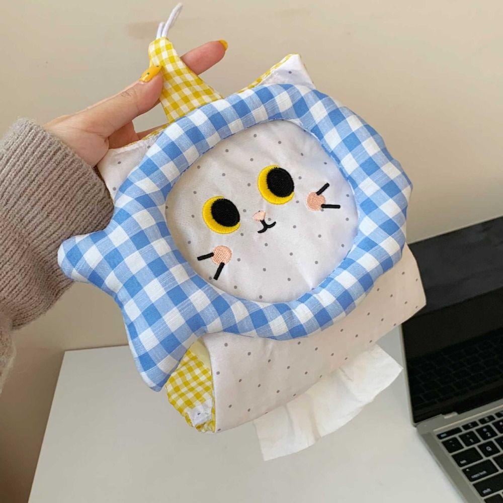 Retro Cartoon Cat Fabric Tissue Cover Soft Decorative Wall Mounted Paper Bag Universal Space Saving Napkin Storage Pouch