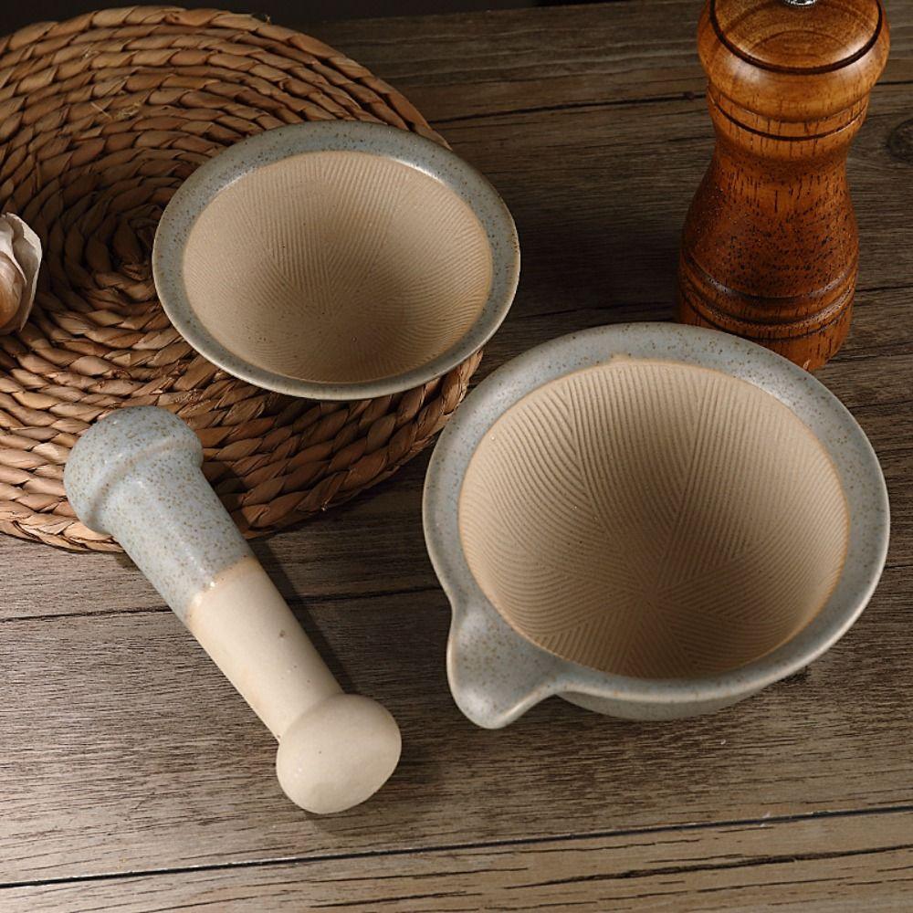 Ceramic Rice Paste Bowl Manual Garlic Mortar Pestle Easy To Clean Grinding Bowl Rod Set Spice