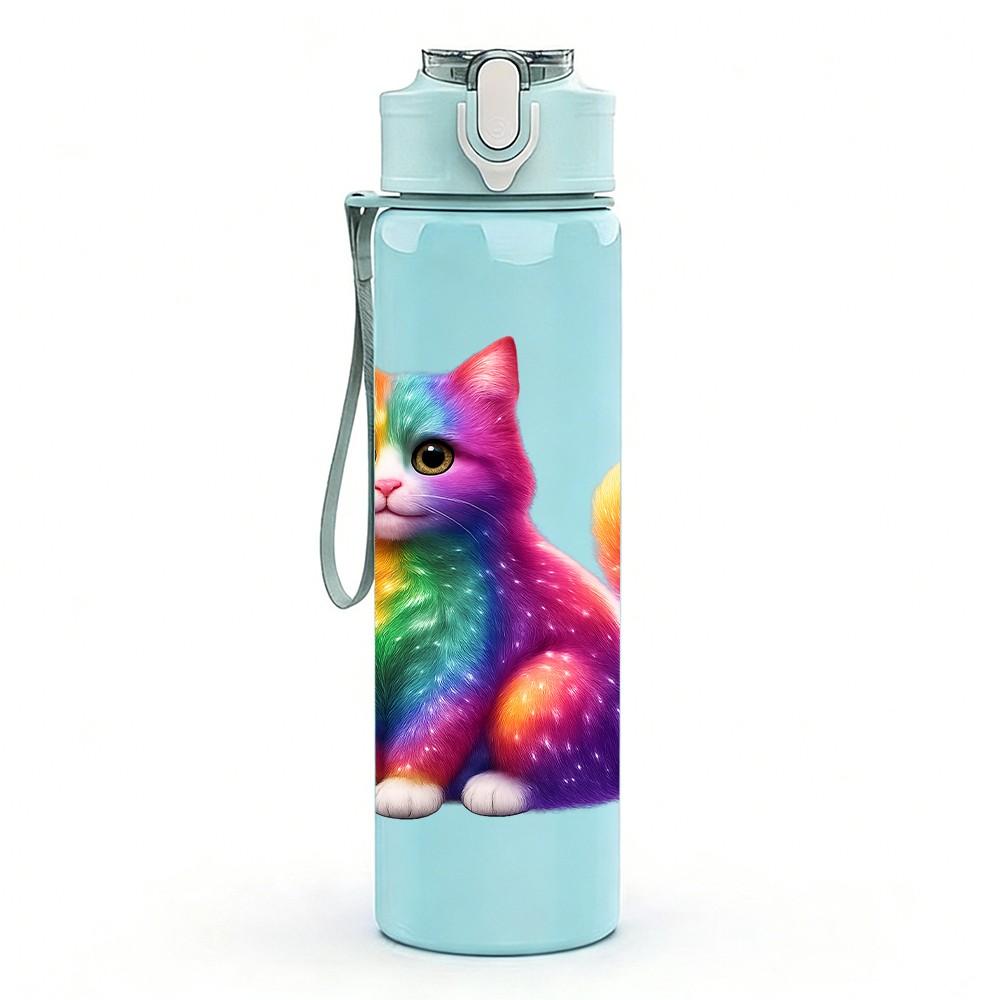 1PC Rainbow Fluffy Cat Art 750ml Color Plastic Sports Water Bottle Leakproof Flip Straw Lid Suitable for Sports Office Home Use