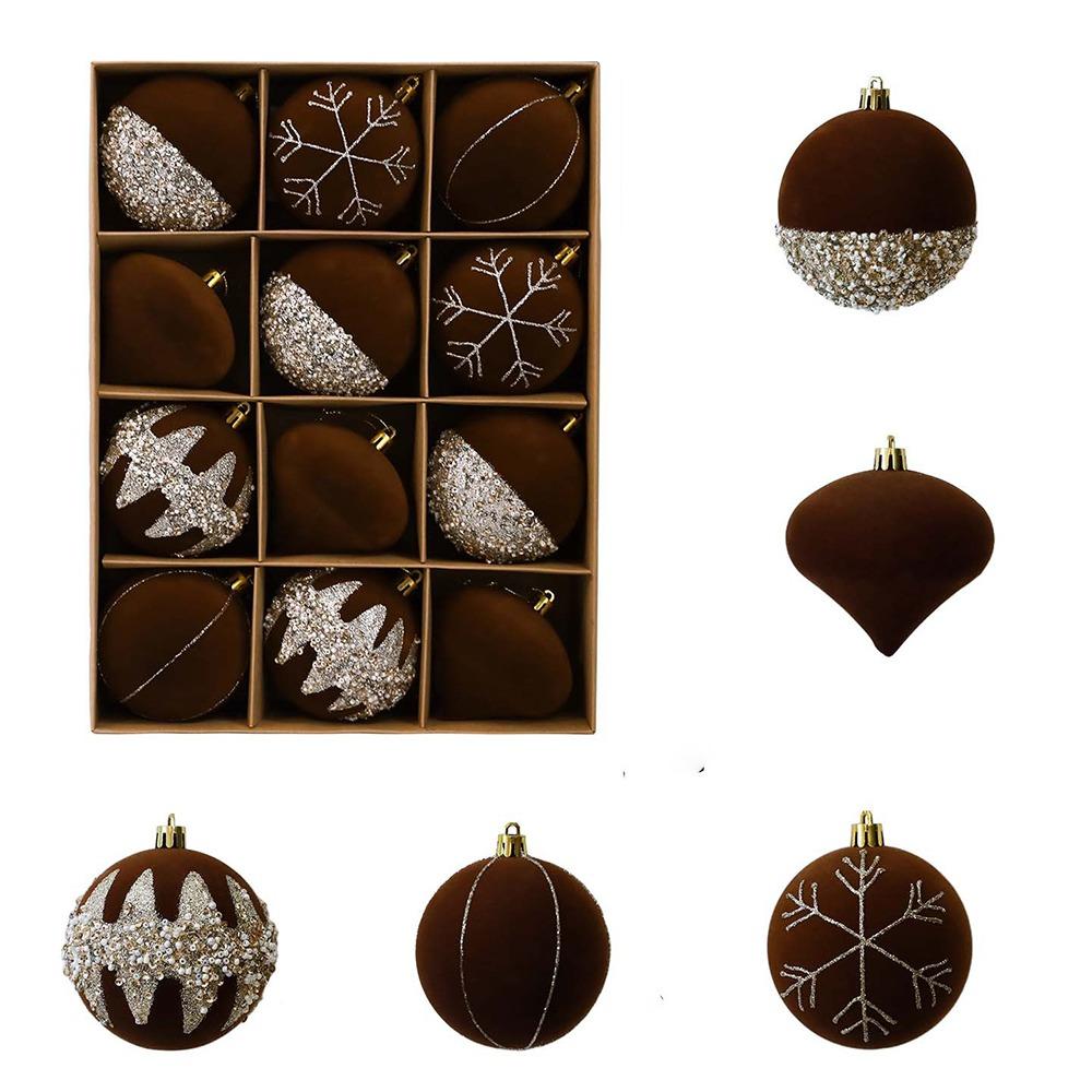 12Pcs Shatterproof Velvet Christmas Ball Set Glitter Christmas Tree Decor Balls New Year