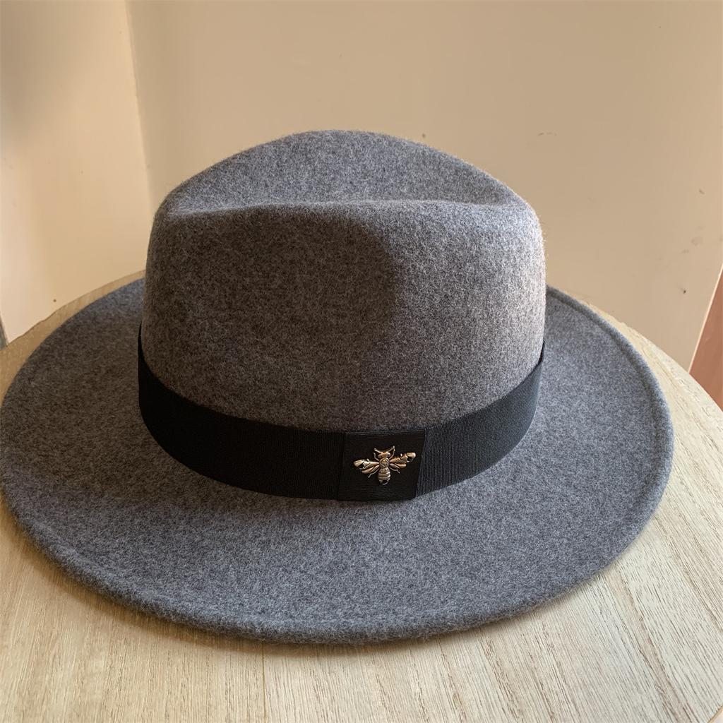 New French Wool Topper Hat with Big Brim Showing Face for Women's Little Bee British Style Versatile Jazz Hat