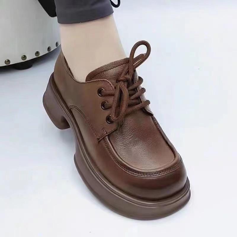 Women's Shoes New Platform Height-Increasing Leather Shoes Round Toe Lace-up Soft Bottom Loafers British Style Single-Layer Shoes