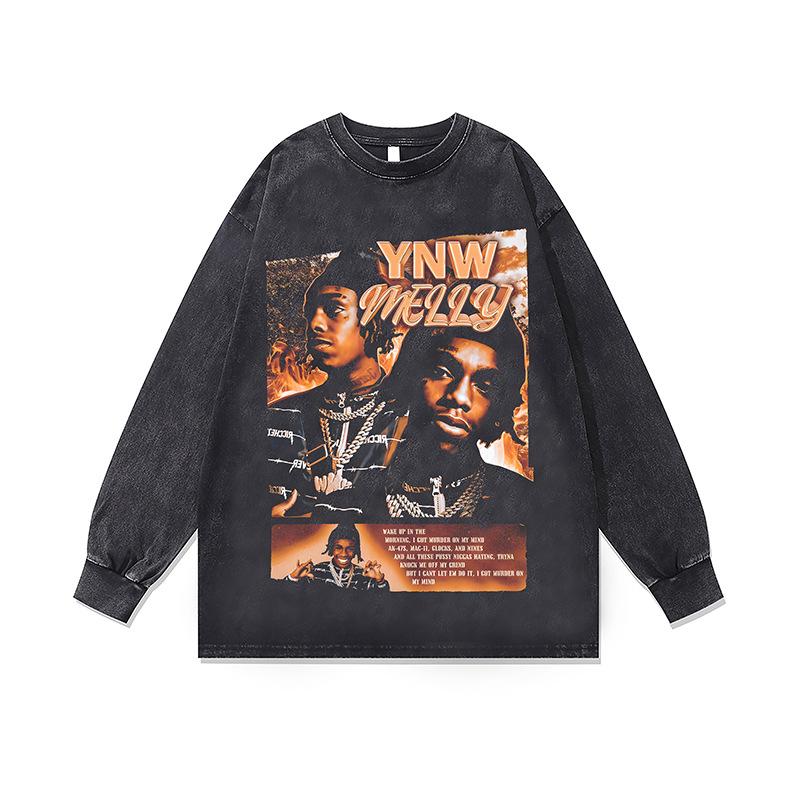 Хип-хоп Рэп Портрет Принт Винтажная Стирка Длинный Рукав Футболка Осень и Зима Свободная Хлопок Круглый Вырез Базовая Футболка Для Мужчин