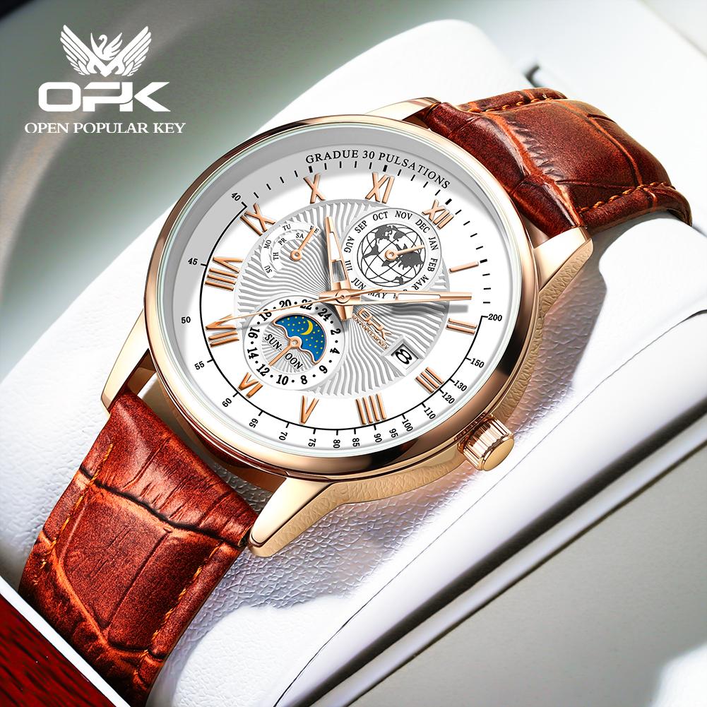 OPK 8153 Fashion Business Men's Quartz Wristwatch Luminous 24 Hour Moon Phase Leather Strap Waterproof Man Watch Luxury