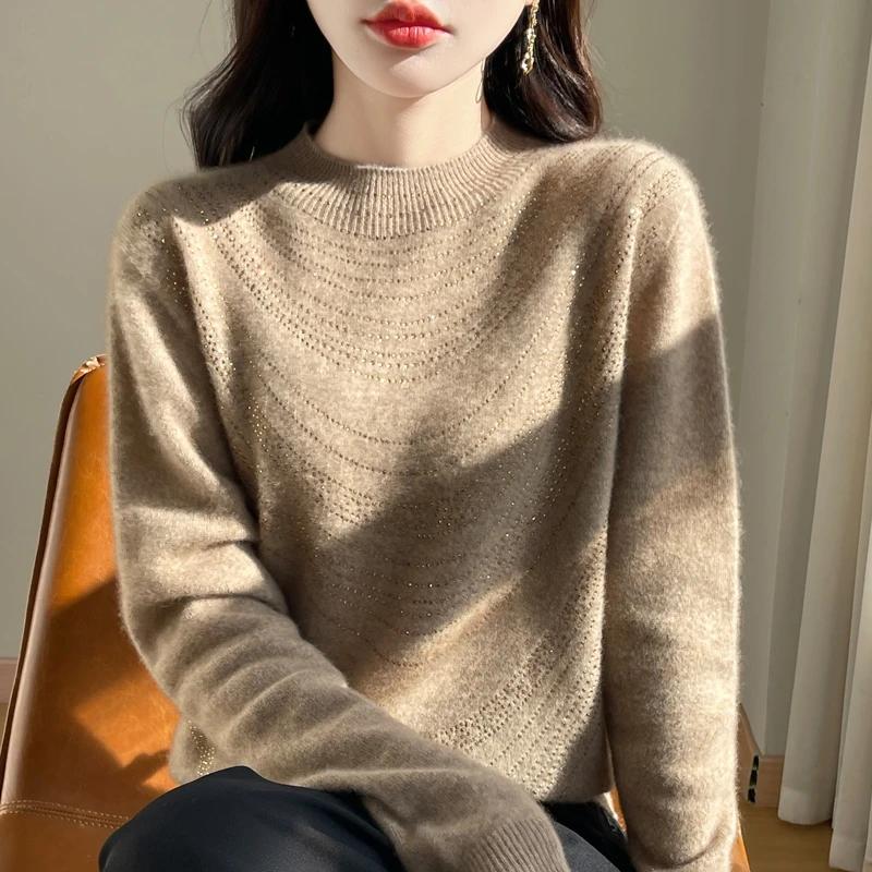 Женский свитер Осень Зима Утепленный пуловер Теплый вязаный в полоску с круглым вырезом Базовый слой Эластичный с длинным рукавом Оверсайз Джемпер Топы