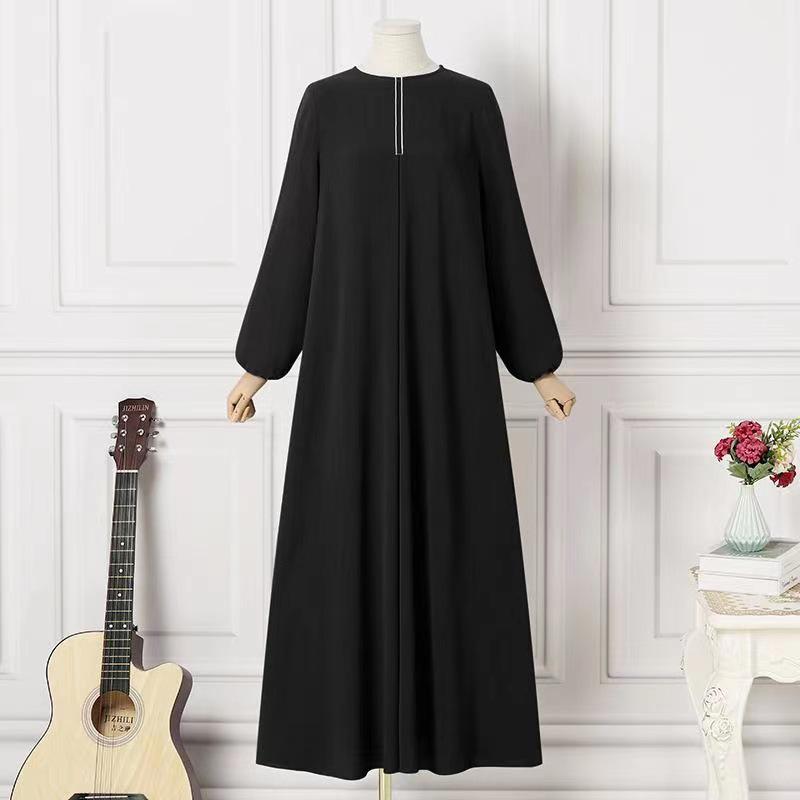 Middle Eastern Muslim Solid Color Long Sleeve Loose Round Neck Dress