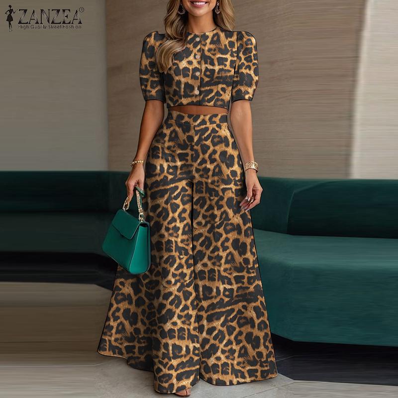 ZANZEA Womens Cropped Tops and Wide Leg Pants Leopard Print Two Piece Suit Sets