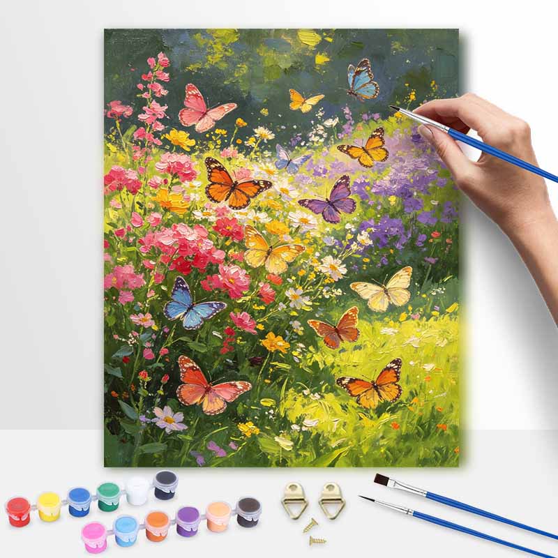 Oil Painting by Numbers Kit with Vibrant Butterflies and Wildflowers Hand Painting Home Decoration Paintings with Family. 119 characters.