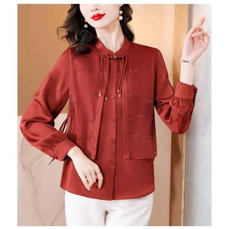 Новый китайский вышитый повседневный шифоновый топ женский с длинным рукавом осенний для мамы рубашка-обманка из двух частей