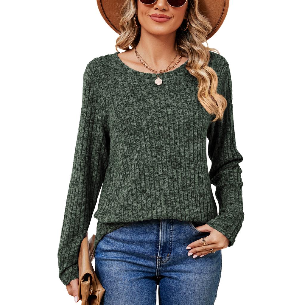 Spring Autumn Solid Top for Women Round Neck Loose Long Sleeve T-shirt