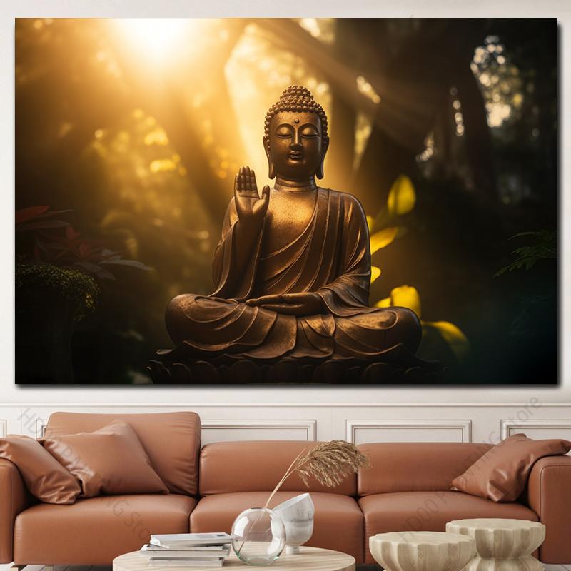 Buddha Statue Canvas Painting Buddah Statue and Candles Posters and Prints for Living Room Religious Wall Decor Unframe