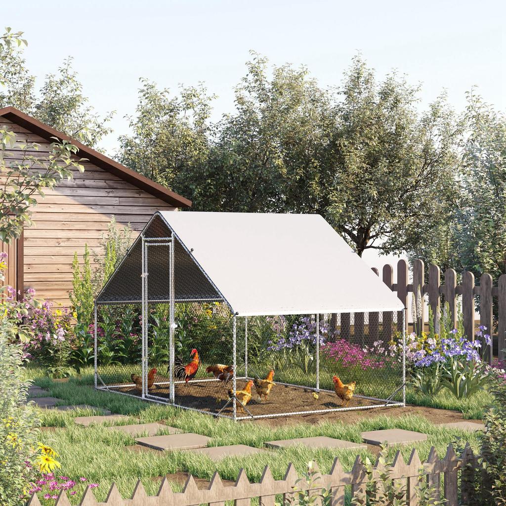 Garden Chicken Coop for 12-18 Chickens with Galvanized Frame and Waterproof Cover, 3x2x2 m, Silver