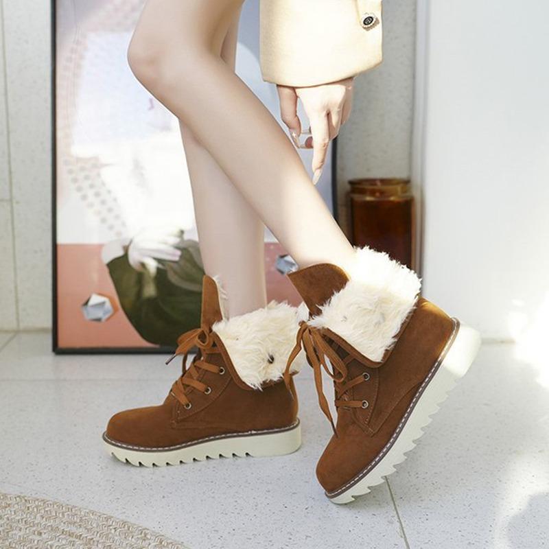 Snow Boots Women Suede Furry Solid Color Round Toe Lace Up Flat Cotton Shoes Winter Casual Plush Fur Warm Platform Ankle Boots