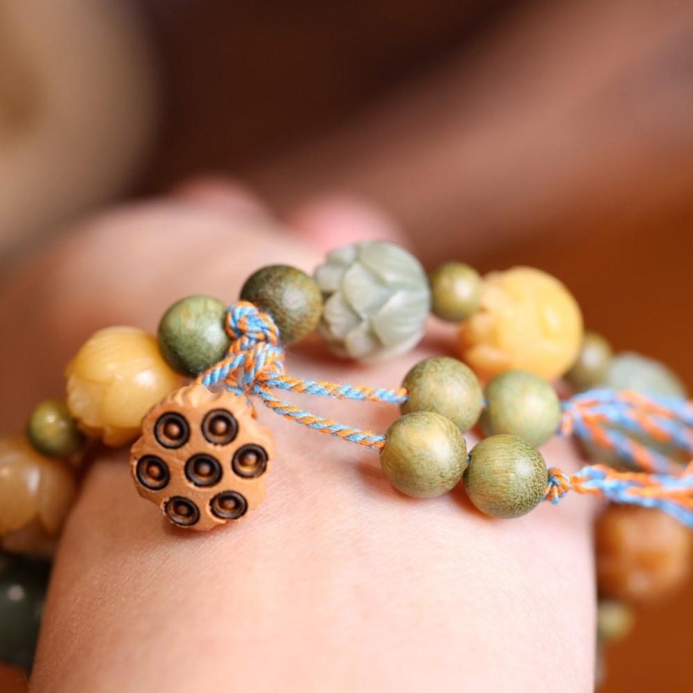Lotus Charm Tibetan Buddha Bracelet Natural Resin Wooden Beads Bracelet  Yoga Practice