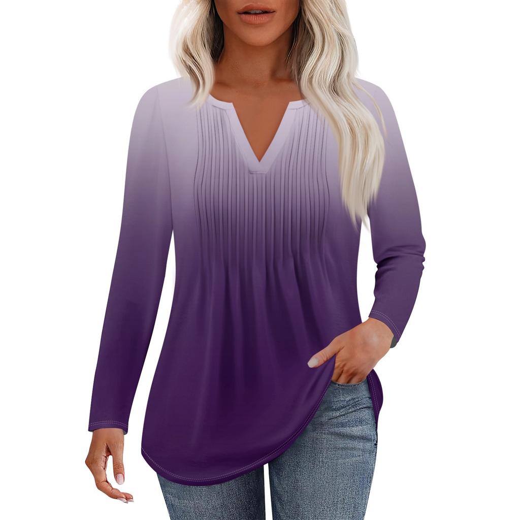 Женская Мода Повседневная Плиссированная Футболка с V-образным Вырезом Однотонная с Длинным Рукавом Элегантные Топы