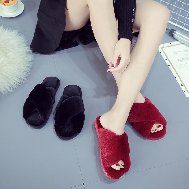 Women'S Plush Slippers Women'S Crossover Fur Slippers Casual Warm Cotton Drag