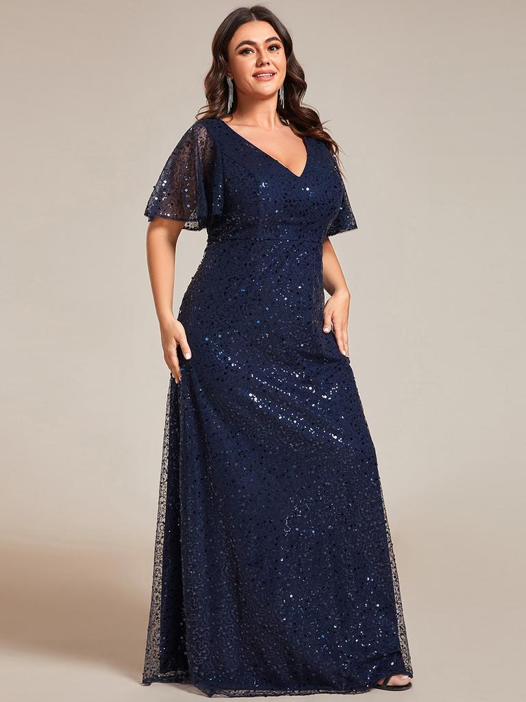 Ever-Pretty Women's Plus Size Shiny Sequin V-Neck A-Line Evening Dresses with Ruffles Sleeves