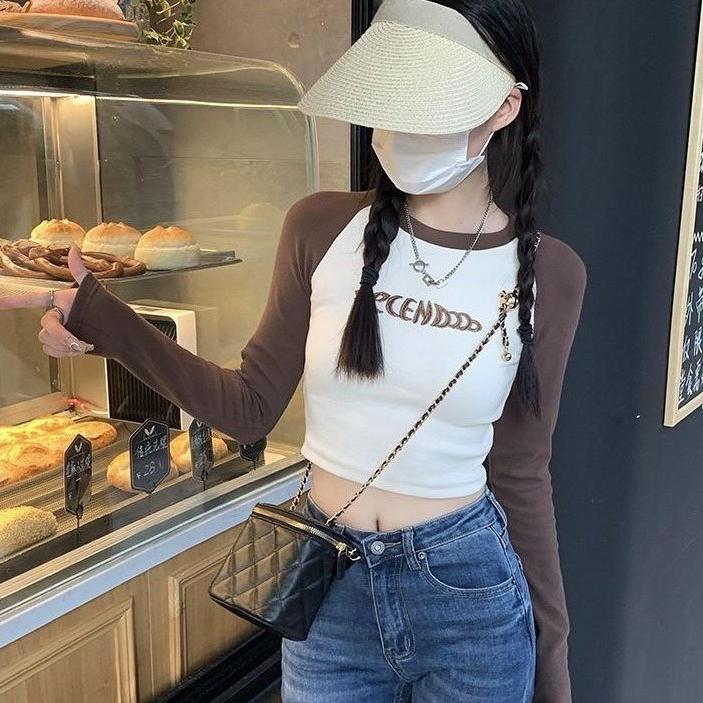 Футболка с буквенным принтом, женские весенние лоскутные топы с длинными рукавами, модные укороченные топы контрастного цвета в стиле ретро, популярные футболки Kpop Skinny Y2K