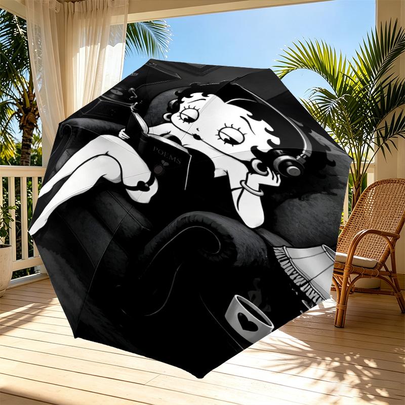 Betty Boop Print Automatic Open Close Umbrella, Portable Foldable Umbrella, for Outdoor Commute Camping Trip, Ideal Birthday Gift