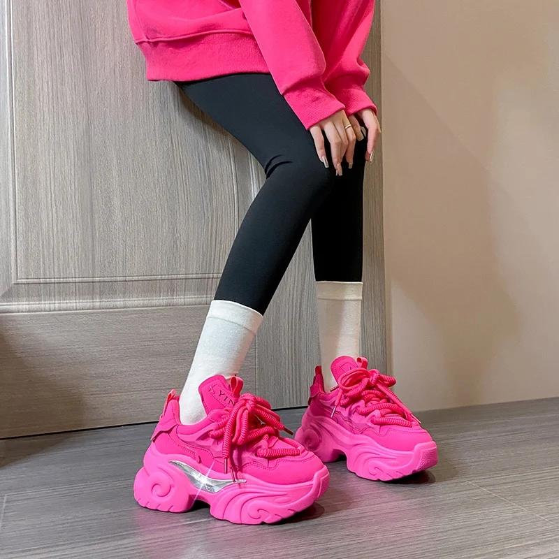 Высококачественные весенние женские кроссовки на платформе, массивная обувь, спортивная вулканизированная обувь, женская повседневная обувь, 8 см, осенняя толстая кожа
