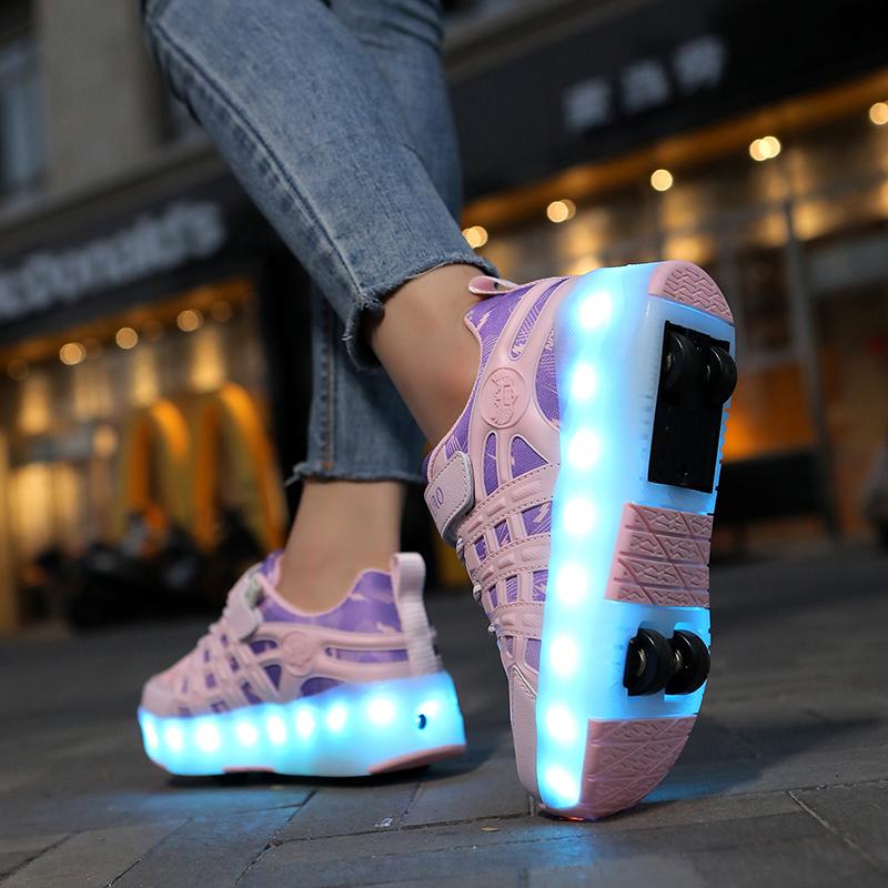 Четырехколесные роликовые коньки, детская спортивная обувь с выдвижными автоматическими колесами, зарядка через USB, светодиодная спортивная обувь