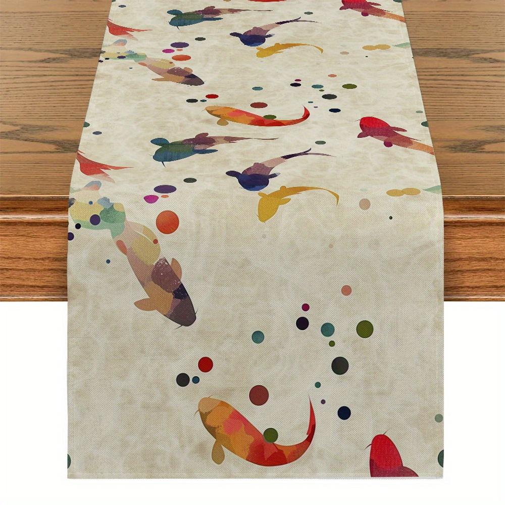 1pc Watercolor Koi Fish Table Runner Single Sided 2D Print Polyester Table Decor for Dining Room Kitchen Lucky Asian Art Vibe