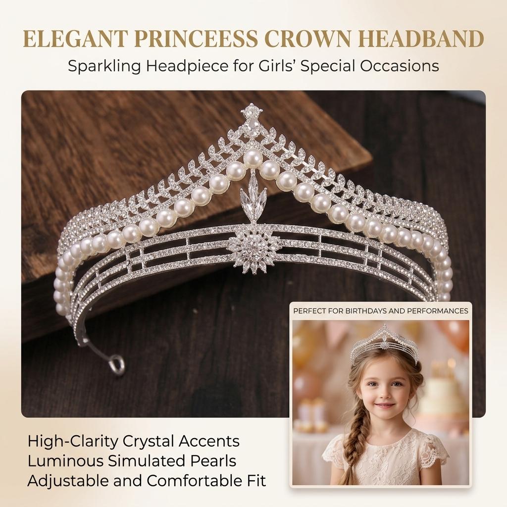 Children Pearl Crown Headband for Girls Birthday Performance Alloy Frame with Imitation Pearls and Silicone-Lining