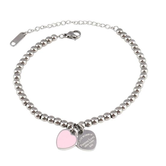 Women Beaded Enamel Bracelet Adjustable Length Heart Charm Titanium Steel Bracelet Stress Relief Happiness Meaningful Jewelry
