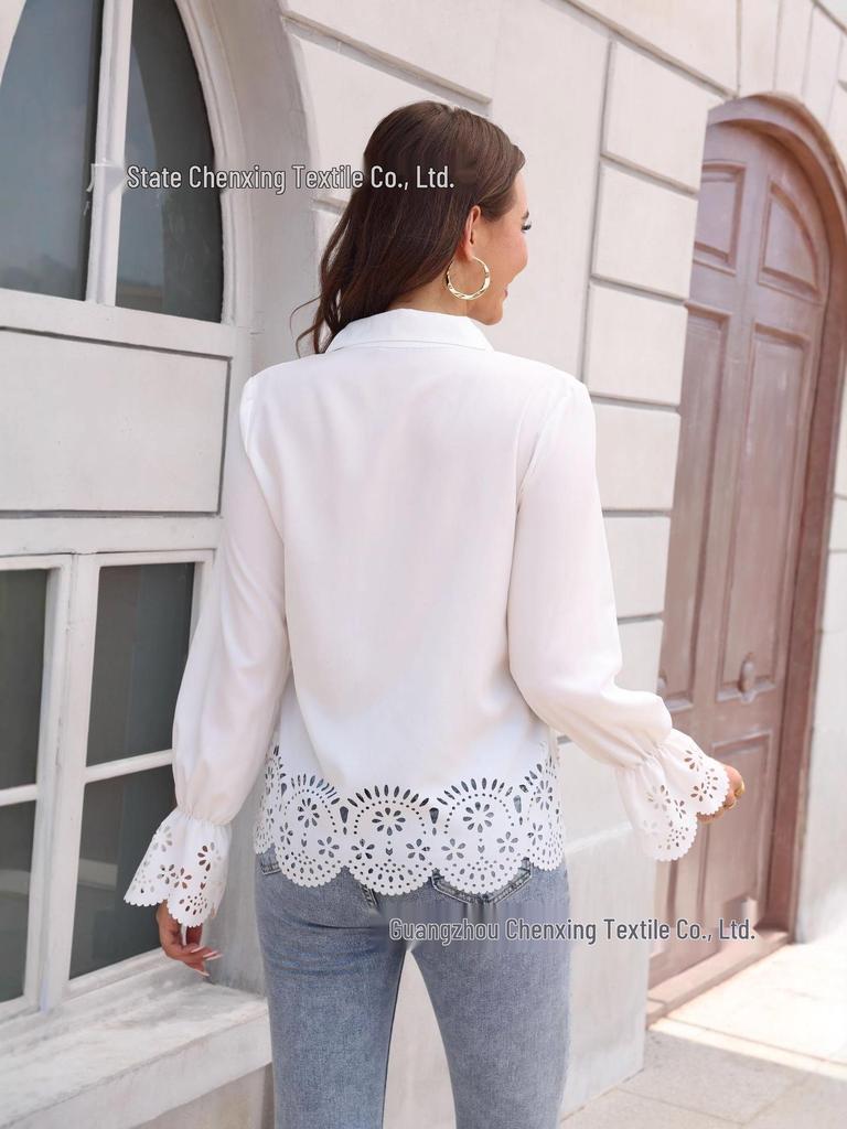 Женская элегантная блузка с длинными рукавами и ажурной отделкой