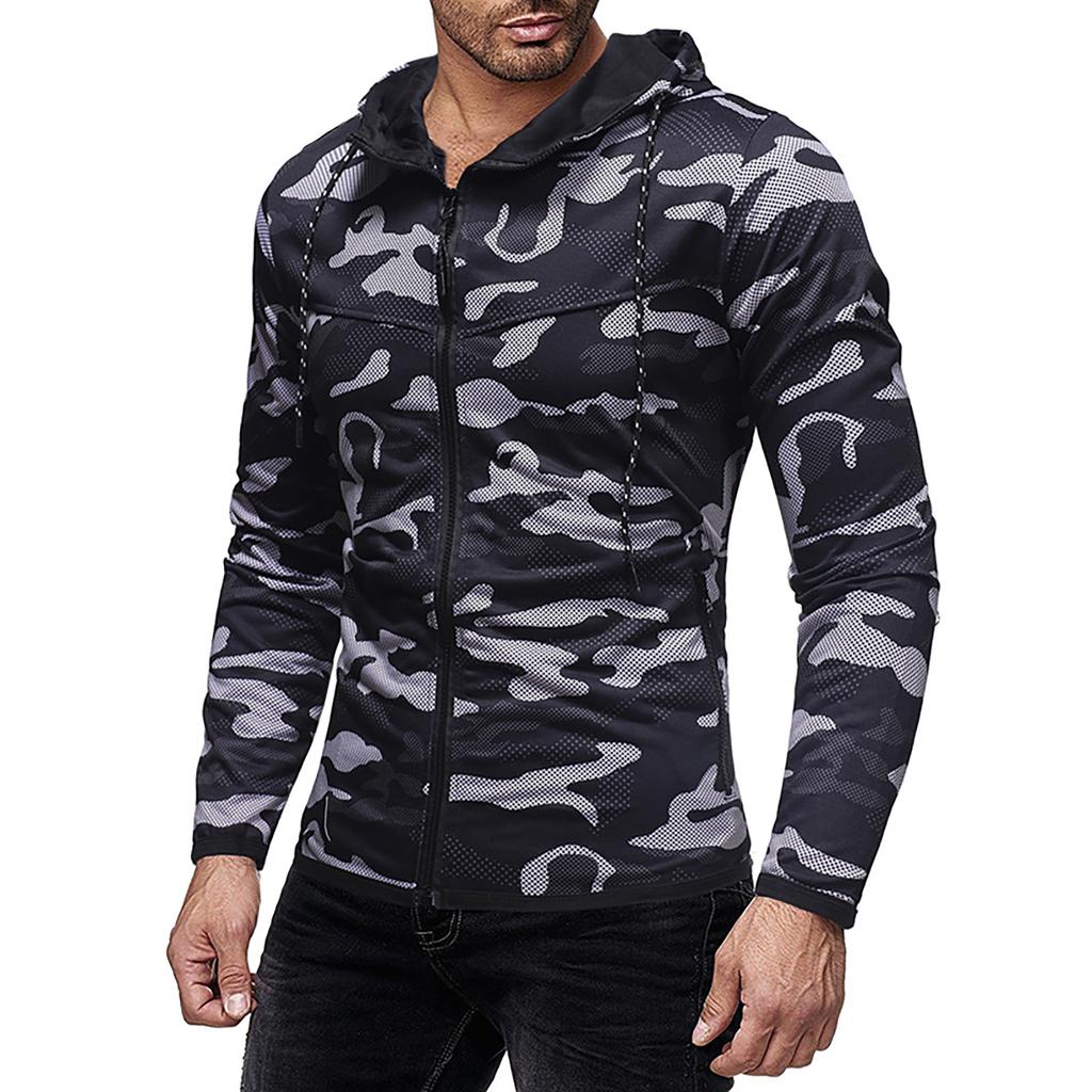 Мужская повседневная камуфляжная спортивная толстовка с длинным рукавом на молнии с капюшоном, куртка, пальто